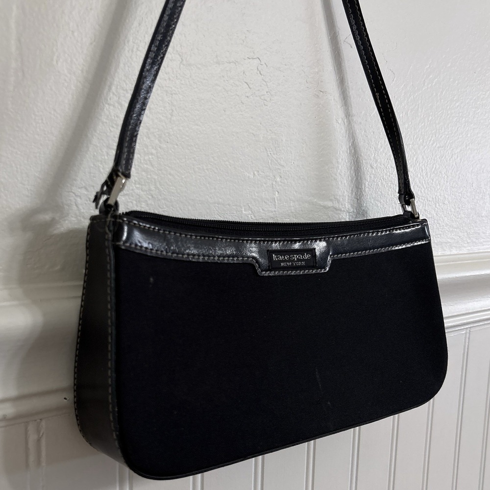 Vtg 90s Kate Spade Black Nylon Baguette Shoulder Bag Y2K Contrast Stitch